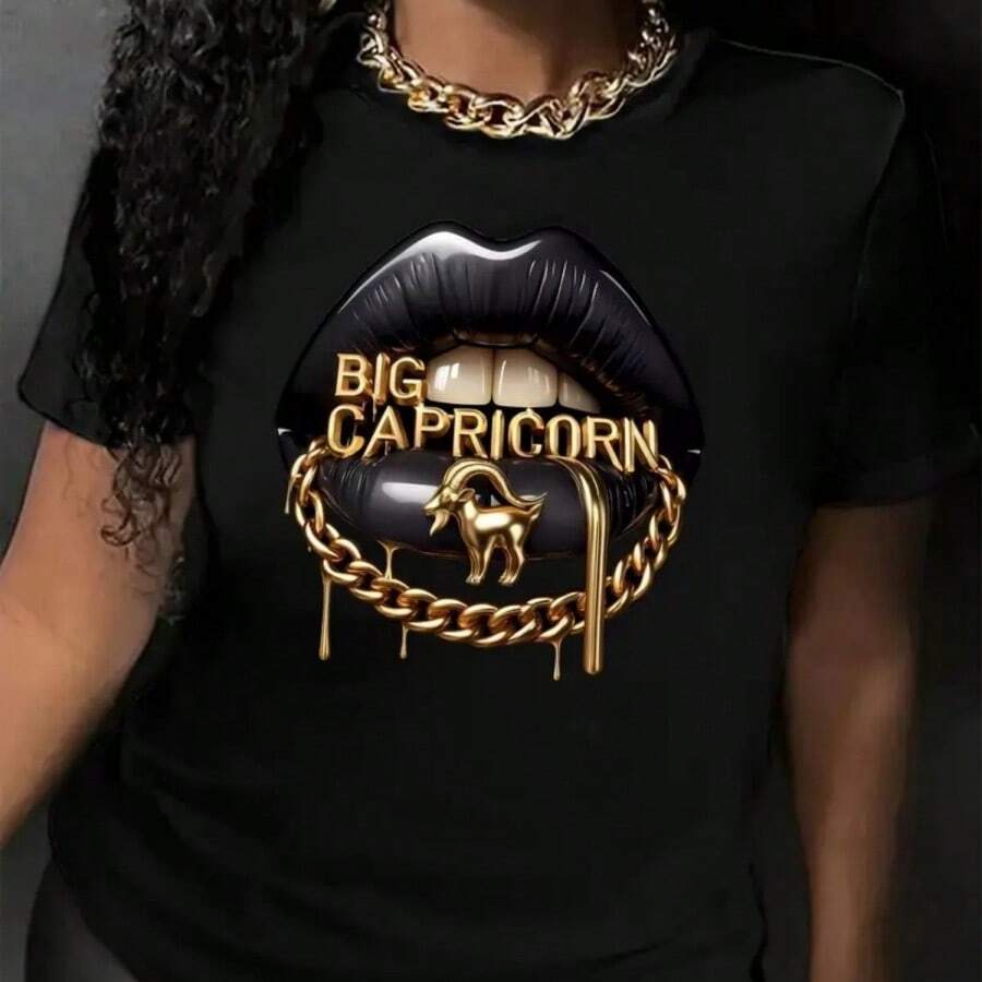 Soft, Breathable Capricorn Graphic Crew Neck T-Shirt - Short Sleeve, Vibrant, Women's Casual Fashion Clothing For Everyday Wear - 黑色 - 查看 1
