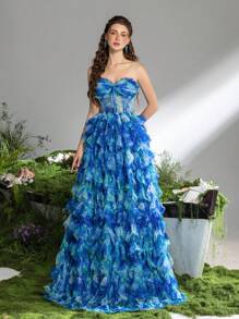 Vestido de fiesta formal y vestido de noche con corsé drapeado de malla lujoso y elegante de Faeriesty - Azul - Ver 5