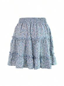 Women's Ruffle Floral Short Skirt High Waist A-Line Tie-Up Pleated Skirts For Summer - 藍色 - 查看 5
