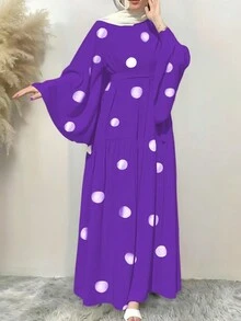 Women Elegant Solid Color Bell Sleeve Dress, Spring & Summer - Purple Polka Dots - View 3