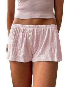 Women Summer Eyelets Shorts Casual Elastic Waist Short Pants For Vacation Beach Nightclub Streetwear - 粉色 - 查看 4