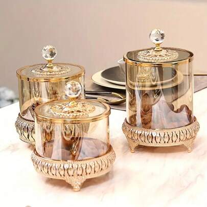 1pc European American Style Living Room Coffee Table Lace Candy Jar, Luxury Crystal Glass Storage Jar With Lid, Home Decor, Dry Flower Holder, Multi-Function Storage Box For Cleaning Swabs, Wet Wipes, Etc.
