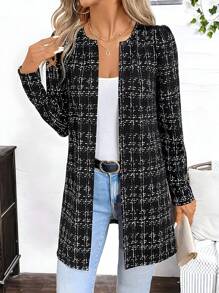 Chaqueta Negra de Malla de Manga Larga y Cuello Redondo, Estilo Casual, Chaqueta a la Moda - Negro - Ver 9