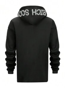 男士字母印花连帽衫套头运动衫原宿街头服饰，宽松时尚保暖秋冬连帽衫 - 黑色 - 查看 5