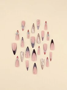 24 片法式豹纹指甲法式黑色假指甲仿珍珠闪亮假指甲十字闪光指甲长按指甲细高跟指甲美甲用品指甲 - 彩色 - 查看 3