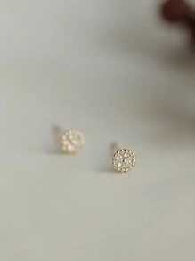 1 Pair S925 Sterling Silver Simple & Versatile Mini Flower Disc Stud Earrings, Zirconia Inlayed For Women - one-size - View 4