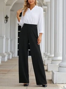 Commute Minimalist Office Old Money Simple Sexy And Elegant High Waisted Wide Leg Slacks With Belt Loops, Women Work Wear Career Pants - 黑色 - 查看 6