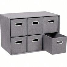 Linen Cube Organizer Shelf W/ 6 Storage Fabric Bins - Foldable & Durable - Toys, Clothes, Towels - Collapsible Cubby For Kids Room, Dorm, Closet, Bedroom - Large Shelving Cubbies - Grey