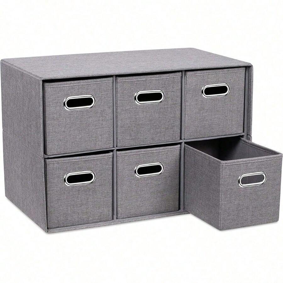 Linen Cube Organizer Shelf W/ 6 Storage Fabric Bins - Foldable & Durable - Toys, Clothes, Towels - Collapsible Cubby For Kids Room, Dorm, Closet, Bedroom - Large Shelving Cubbies - Grey