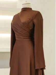 Women's Stand Collar Plain Color Flared Sleeve Cinched Waist Dress, Suitable For Ramadan And Everyday Wear,Modest - Coffee Brown - View 3