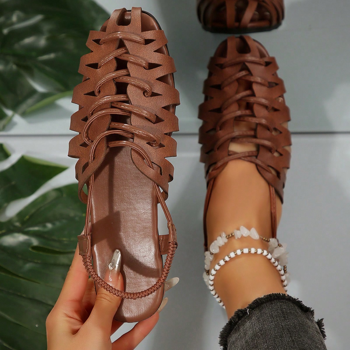Sandalias con tacón grueso y punta cerrada con diseño trenzado y hueco, de estilo vintage, versátiles para uso en verano, primavera y otoño, zapat