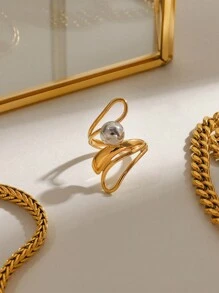 Uworld 1Pc French Hollow Asymmetrical Open Ring Line Design Personalized Creative Stainless Steel Ring 18K Gold-Plated Women's Modern Minimalist Ring Suitable For Daily Wear HHoliday Party Festival Etc. - Metal Ball Design - View 5