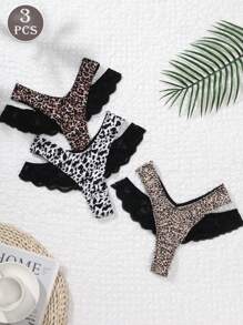 3PCS Leopard Print Sexy Cross Strap Lace Splicing Women's Panties Animal Print Low Waisted Comfortable Women's Thongs