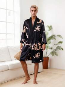 SANOPY Large Size Men's Long Dragon Robe Summer Ice Silk Home Clothes Mulberry Silk Long-Sleeved Robe (Without Shorts) - 黑色 - 查看 6