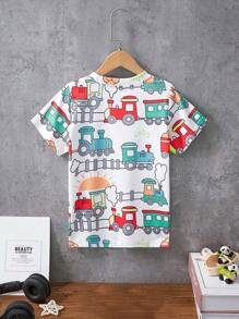 1 件装年轻男孩卡通火车图案圆领短袖 T 恤，休闲户外装，春夏 - 彩色 - 查看 2