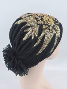 1 件女士优雅时尚网纱花朵亮片串珠拼布发带头巾，透气百搭头巾，适合户外、派对、购物 - 彩色 - 查看 7