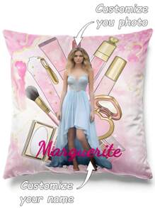 1 pieza Funda de cojín decorativo con eslogan rosa, paleta de sombras de ojos y estampado de rubor, personalizable con nombre y foto, artículo creativo de moda y decoración del hogar para mujer