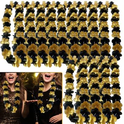 10/20 Pcs Black Golden Leis Necklace Hawaiian Flower Leis Bulk Tropical Hula Dance Party Flower Garland For Birthday Wedding Carnival Party Decorations