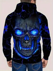 Men's 3D Skeleton Print Hoodie - Casual Pullover With Drawstring & Pockets, Polyester Knit Fabric, Regular Fit For Fall/Winter - Blue - View 4