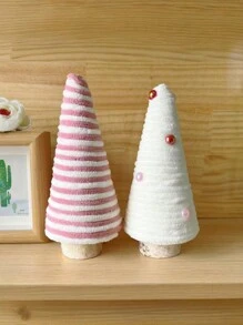 4pcs Pink And White Plush Wedding Season Yarn Tree Set ,Wedding Season Tree With Heart And Pearl Decor,Striped Design,Table Decorations Yarn Wrapped Mini Trees Pink White Wedding Season Table Top Decor - Multicolor - View 3