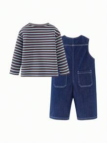 mini bala Kids' Suspender Pants Set, Long-Sleeve Top And Overalls, Spring New Arrival - Denim Dark Blue - View 5