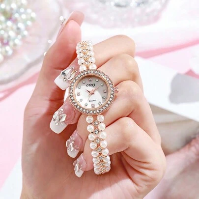 Reloj pulsera de estilo vintage, joyería casual, brazalete de perlas, regalo para el Día de San Valentín, Día de la Madre, caja de aleación
