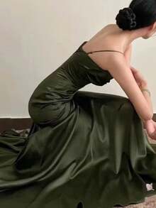 春夏女士时尚优雅休闲吊带连衣裙，复古修身派对生日舞会晚礼服，婚礼宾客礼服 - 墨綠色 - 查看 5