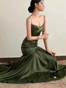春夏女士时尚优雅休闲吊带连衣裙，复古修身派对生日舞会晚礼服，婚礼宾客礼服 - 墨綠色 - 查看 4