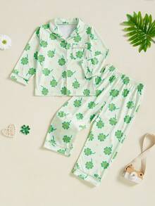 Kids Toddler Spring Pajama Sets Shamrock Pattern Button V Neck Long Sleeve Tops And Pants Lounge Wear 2 Pcs Set - Green - View 1