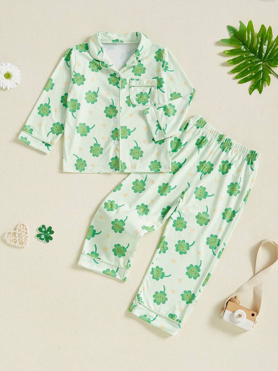 Kids Toddler Spring Pajama Sets Shamrock Pattern Button V Neck Long Sleeve Tops And Pants Lounge Wear 2 Pcs Set - Green - View 1