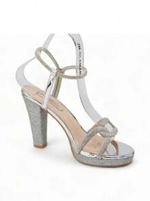 Sandalen mit gekreuzten Riemen und Blockabsatz, stilvolle Sandalen, Sommer-Sandalen für Frauen - Silber - Übersicht 3