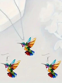 1 set de joyería minimalista con collar y aretes de colgante acrílico con estampado de colibrí esmaltado