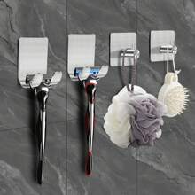 Ever Blooming 1/2/4pcs Stainless Steel Razor Holder, Drill-Free Wall Mount Razor Stand With Hook, Black And Silver, Includes Cable, Utensil Rack, Suitable For Bathroom, Bedroom, Kitchen, Home Decor, Autumn, Back To School - Multicolor - View 2