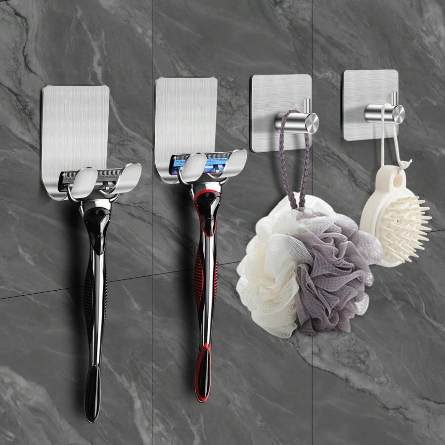 Ever Blooming 1/2/4pcs Stainless Steel Razor Holder, Drill-Free Wall Mount Razor Stand With Hook, Black And Silver, Includes Cable, Utensil Rack, Suitable For Bathroom, Bedroom, Kitchen, Home Decor, Autumn, Back To School
