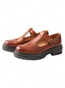 Women's Round Head Thick Bottom Chunky Heel Single Shoes T Buckle Strap Mary Jane Women's Shoes - 棕色 - 查看 5