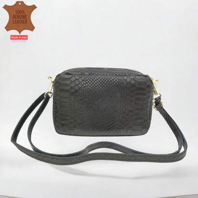 Handbag, Shoulder Bag, Wallet. Double Zipper Design. Made Of Genuine Leather, Solid Color Vintage Crocodile Pattern Design. Made In Italy. New Women's Shoulder Bag, Black Fashion Crossbody Bag, Women's Casual Clutch