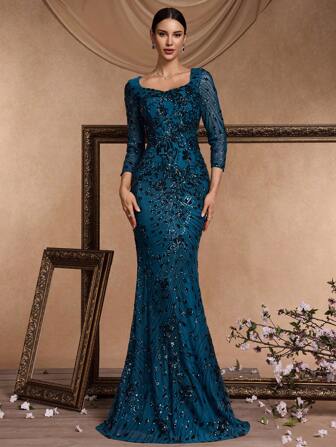 BluePlum Sweetheart Neck Long Sleeve Sequin Mermaid Hem Formal Gown Dress For Women, Elegant Prom Evening Wedding Guest Dress, For Graduation, Dinner Party Dress