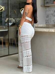 Fashion Hanging Neck Knitted Hollow Suspender Top Straight Pants Suit - 白色 - 查看 2