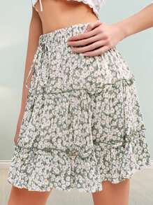 Women's Ruffle Floral Short Skirt High Waist A-Line Tie-Up Pleated Skirts For Summer - màu xanh lá - Xem 1
