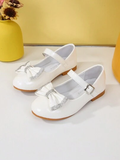 Zapatos cómodos tipo Mary Jane con cristales y moño para niñas, zapatos planos ligeros antideslizantes con cierre de , punta redonda unicolor para vestir formal, aptos para fiesta, actuaciones, vacaciones, zapatos de princesa para todas las estaciones