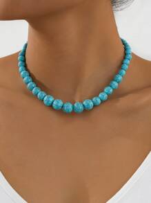 1pc Minimalist Elegant Geometric Mixed Size Turquoise Beaded Necklace For Women - Turquoise - View 1