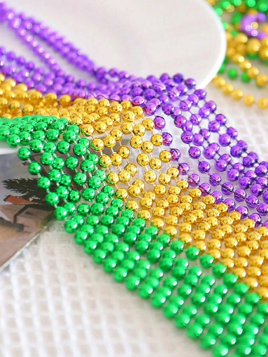 3pcs/Set Mardi Gras Party Bead Necklace, Yellow, Green, Purple Electroplated Plastic Beads, Suitable For Mardi Gras Wear - Multicolor - View 1