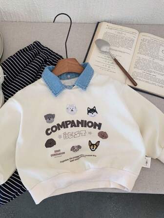 2pcs Spring Kids Hooded Sweatshirt, Unisex Cartoon Puppy Denim Collar Pullover Tops,