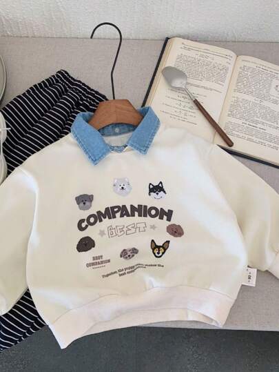 2pcs Spring Kids Hooded Sweatshirt, Unisex Cartoon Puppy Denim Collar Pullover Tops,
