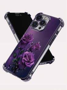 Funda de teléfono morada 1 pieza Nueva funda protectora morada con rosa electrochapada, amortiguación y TPU transparente reforzado compatible con iPhone/16 Pro Max/16 Pro/16/13 Pro Max/12 Pro Max 11, 15 Pro Max, 14 Pro Max/Galaxy, SAM/Honor/Note 13 Pro/S23 Ultra/S24 Ultra