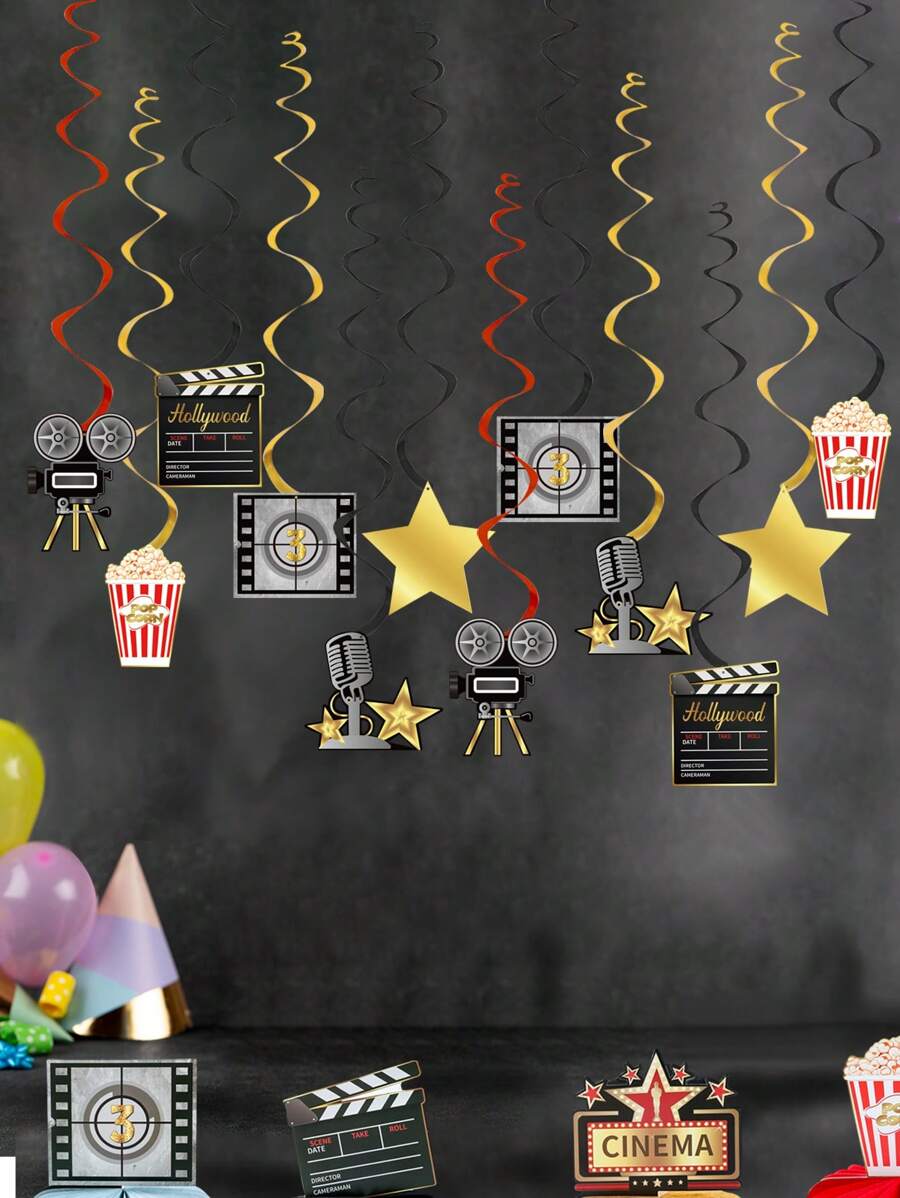 12 pièces Pendentif spirale thème cinéma, convient pour la décoration de fête d'anniversaire thème cinéma, cadeau d'anniversaire, décoration suspendue d'anniversaire, pendentif spirale d'anniversaire, faveurs de fête, décoration de fête à thème jeu, décoration de chambre, décoration d'intérieur - soirée cinéma - Voir 1