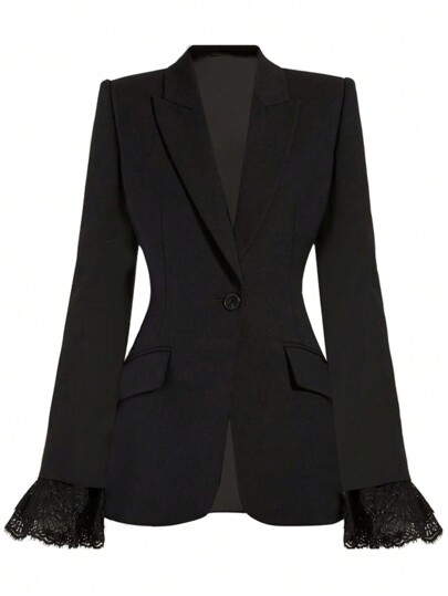 Fashionable Elegant Black Solid Color Lace Splicing Blazer