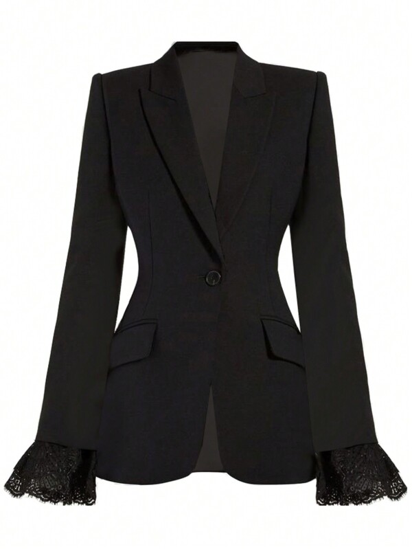 Fashionable Elegant Black Solid Color Lace Splicing Blazer