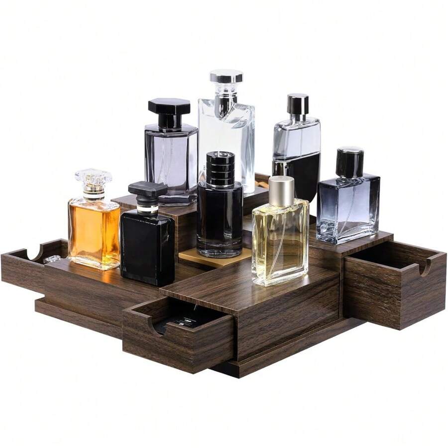 Cologne Organizer For Men - 4 Tier Perfume Display Tray With Hidden Drawers - Perfect For Men Essentials Accessories - A Great Gift For Men - Brown - View 1
