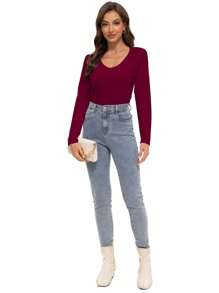 HIGHFINE Women's Long Sleeve Shirt Sexy V-Neck Top Fit Tight T-Shirt Basic T-Shirt - Đỏ tía - Xem 5